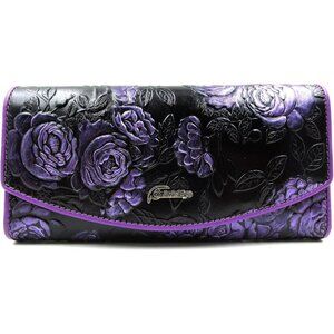 ⭐Women's Purple Rose Collection Embossed Genuine Leather Trifold Wallet Purse